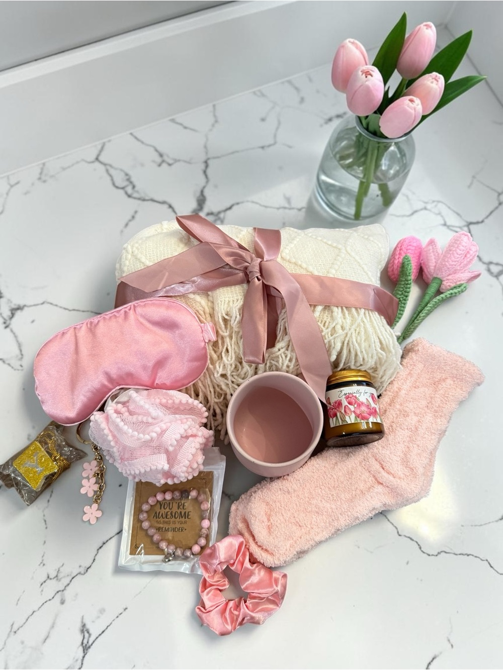Pink Self Care Gift Box Spa Basket Cozy Blanket & Tulips - Picture 2 of 2